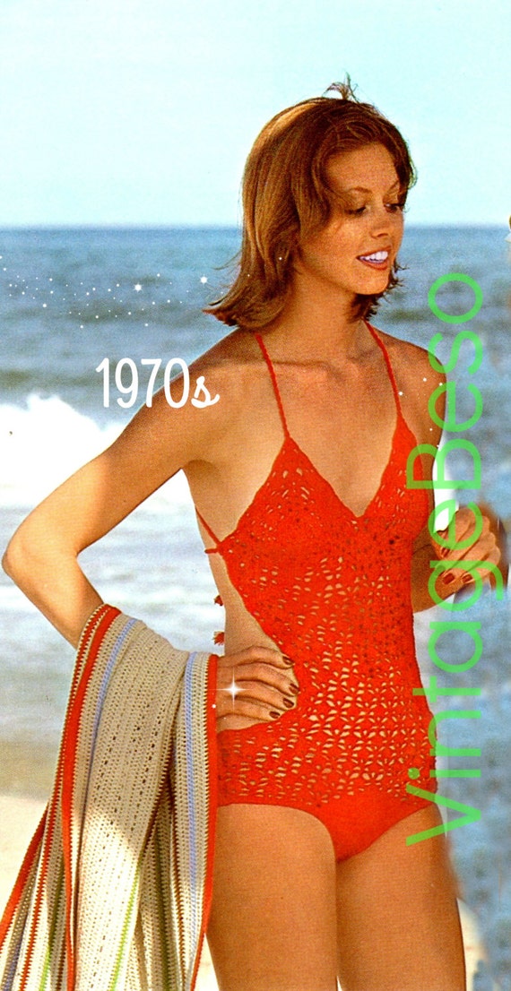 Monokini Crochet Pattern • 1970s Swimsuit • Vintage Red Maillot • Sexy One Piece Swimsuit • Bra • Vintage Beso • Watermarked PDF Only