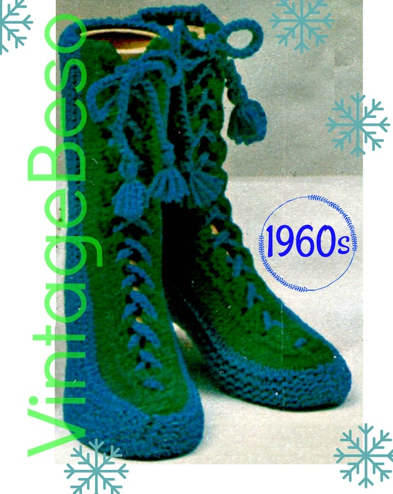 Slippers Knitting Pattern • Laced Slipper Socks with Tassels • 1960s Vintage • Woman's Slippers • Watermarked PDF Only