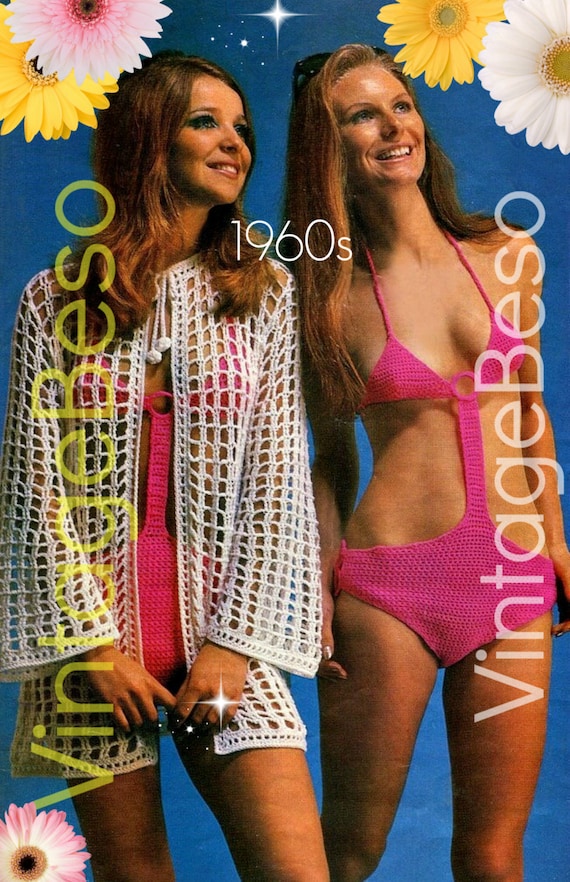 Bikini CROCHET Pattern • 1960s Cover Up Crochet Pattern Monokini Pattern Swimwear Beach Jacket Cover Up • Watermarked PDF Only