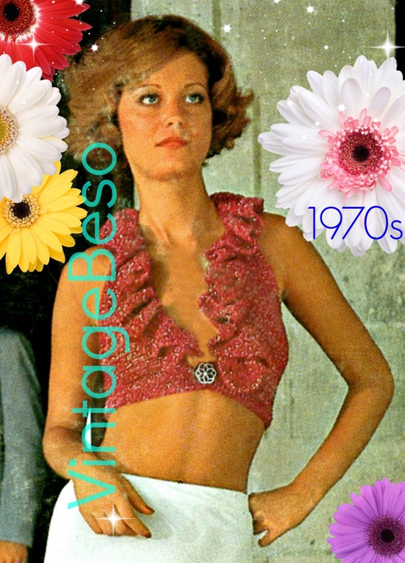 Top Crochet Pattern • Retro 1970s Halter Crochet Pattern • Big Ruffle • Deep Neck • Crop Top • Sexy • Backless • Watermarked PDF Only