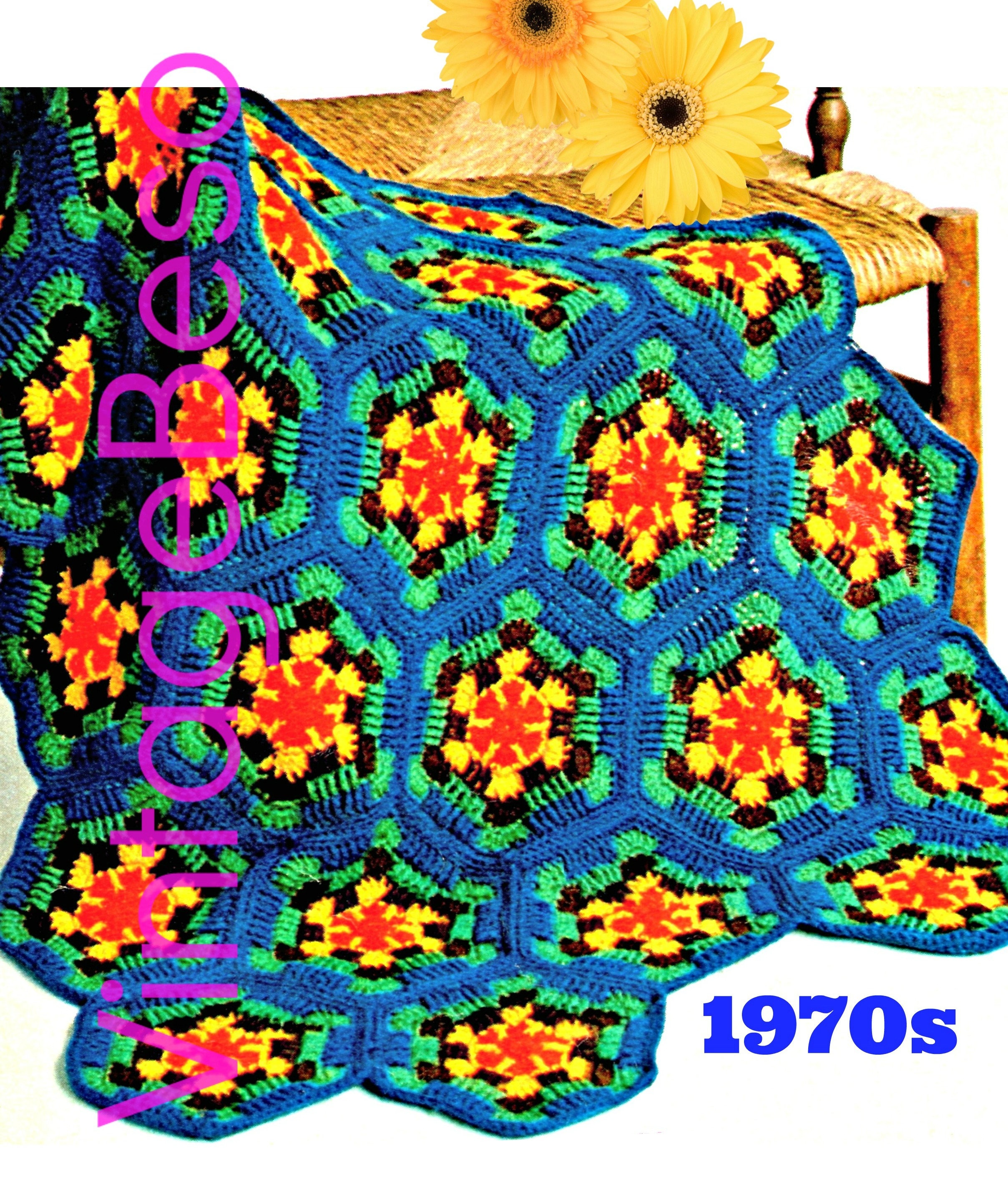 Afghan CROCHET Pattern • Vintage 1970s Lap Robe of Hexagons Crochet