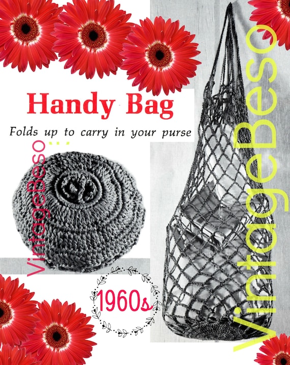 Handy Bag Crochet Pattern • 1960s Vintage Bag • Bag Folds Up to Stay Handy in your Purse • Retro Fun Tote • Watermarked PDF Only