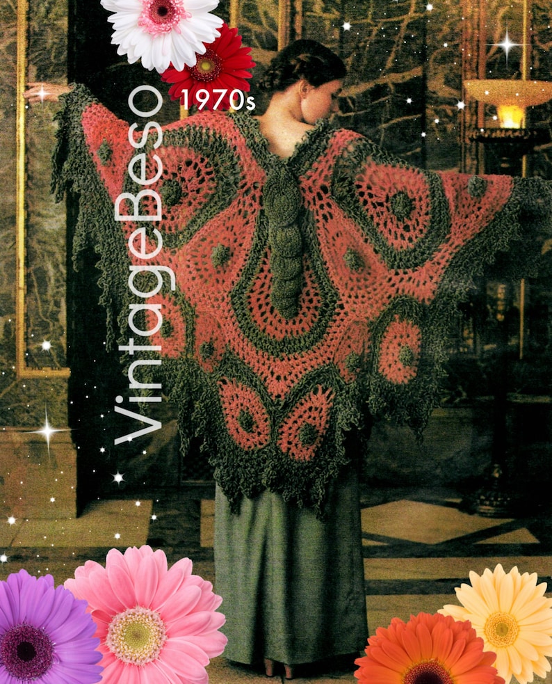 Vintage 1970s Big Butterfly Shawl Crochet Pattern Retro Wrap ...