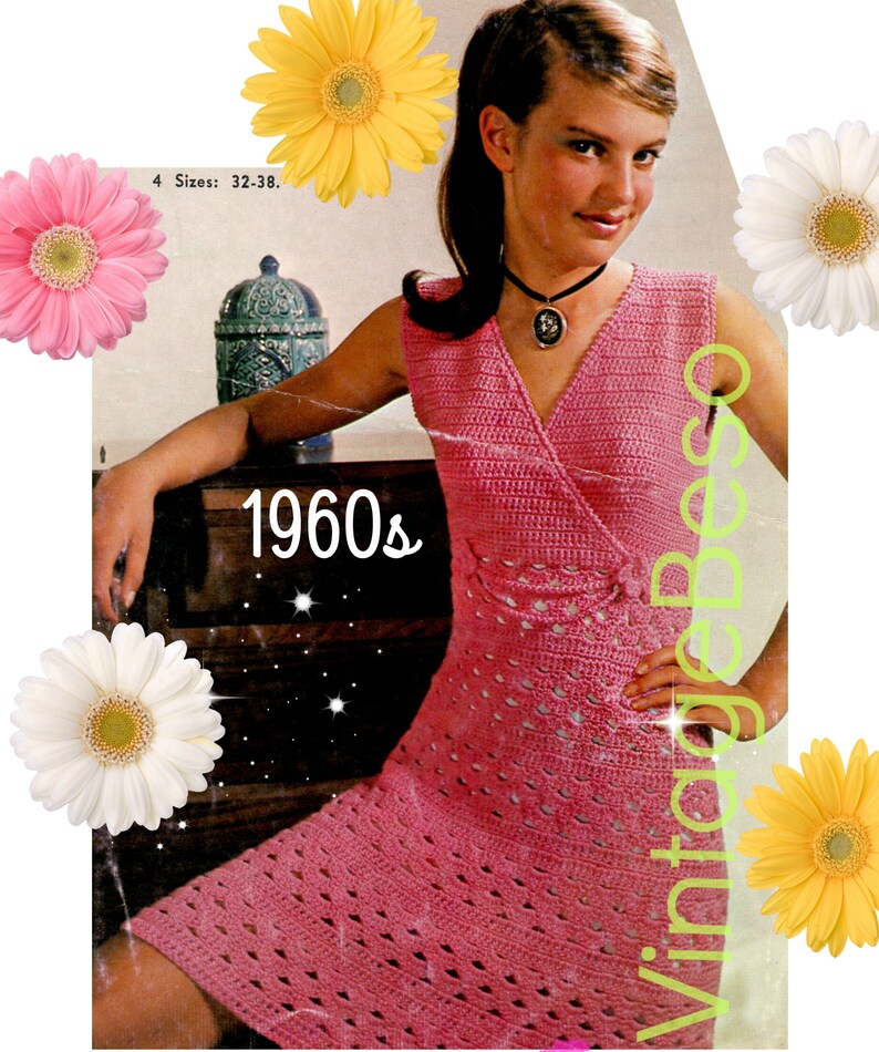 Dress Crochet Pattern Vintage 1960s \u2022 Teen Summer Wear w Lovely Cross-Over Bodice and Flower Trim \u2022 Sleeveless Sweet\u2022 Watermarked PDF Only