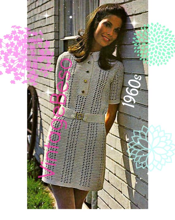 Mod Dress Crochet PATTERN • 1960s Vintage Ladies Dress Crochet Summer Wear • Collar and Belt • Watermarked PDF Only