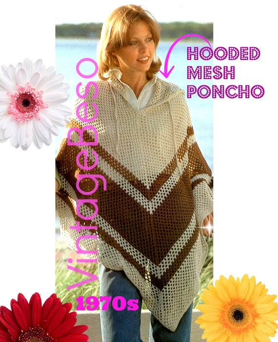 Hooded Poncho CROCHET Pattern • Long Mesh Feminine Poncho w Hood • Boho Lovely • Vintage 1970s • Cool Summer Evenings • Watermarked PDF Only