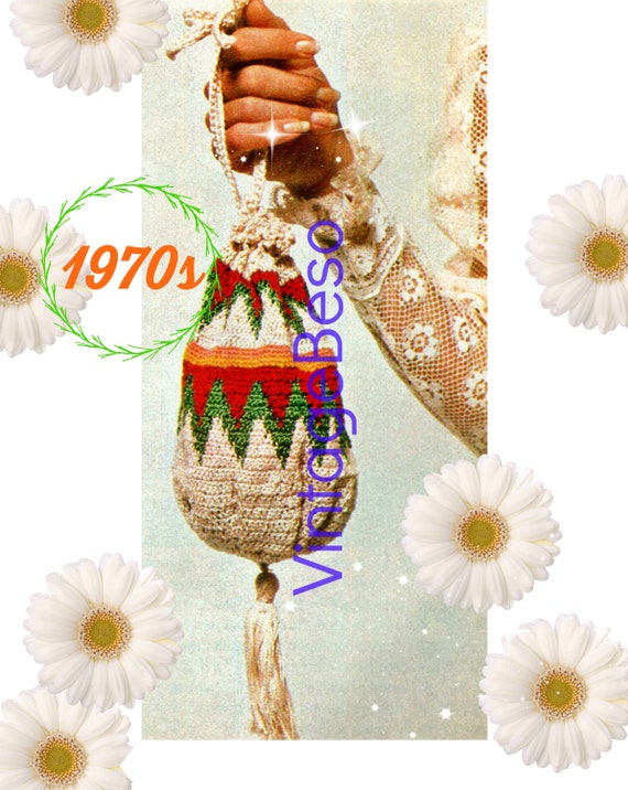 Victorian Pouch Crochet Pattern • 1970s Vintage Bag • Classic Victorian Era Bag Pull Close Tassel • Retro Fun Tote • Watermarked PDF Only