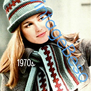5 Crochet Patterns Vintage 1970s Beret With Pompom Houndstooth Hat and ...
