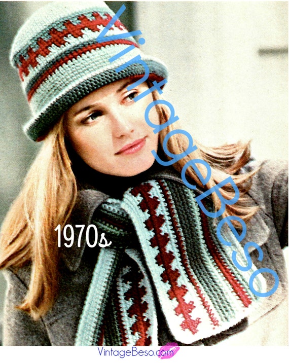 5 Crochet Patterns • Vintage 1970s Beret with PomPom + Houndstooth Hat and Scarf Set + Brimmed Hat and Scarf Set • Watermarked PDF Only