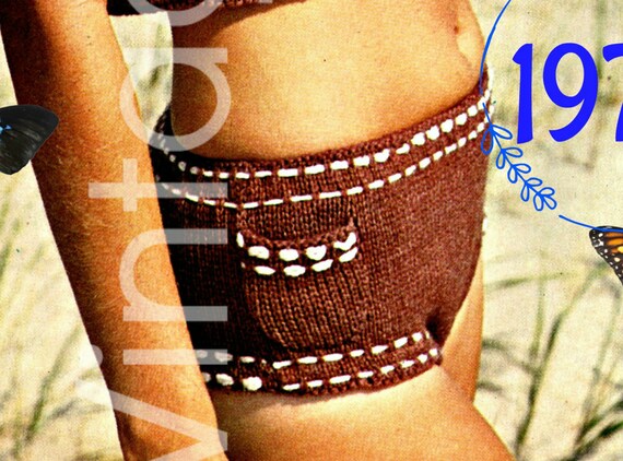 Bikini Knitting Pattern • Vintage 1970s Boy Shorts Style • tankini + bikini bottoms Pattern • Swimsuit Beach Suit • Watermarked PDF Only