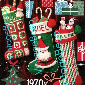 May include: Three vintage crocheted Christmas stockings with different designs. The first stocking is red and green with a patchwork design and the word "Ho" on the top. The second stocking is green with a Santa Claus design and the word "Noel" on the top. The third stocking is red, white, and green with a striped design and the words "Fill Me" on the top.