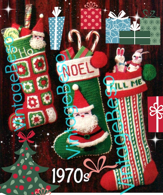 3 Patterns • 2 are "Easy to Make CROCHET" + 1 KNITTING Pattern • Santa Christmas Stocking • Vintage Granny Square • Watermarked PDF Only