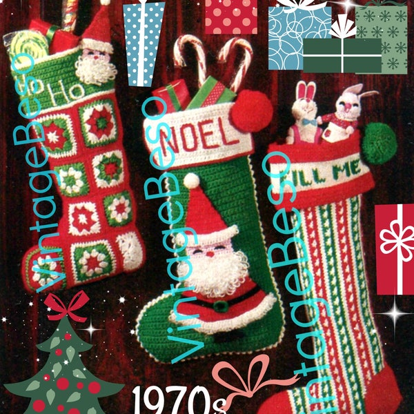 3 Patterns • 2 are "Easy to Make CROCHET" + 1 KNITTING Pattern • Santa Christmas Stocking • Vintage Granny Square • Watermarked PDF Only