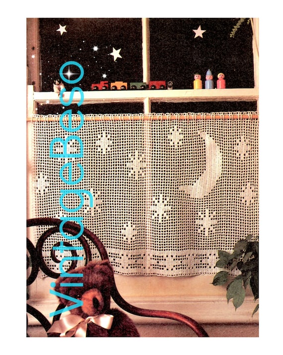 Curtain Crochet Pattern • Vintage 1970s Stars with Moon • Cafe Retro Night View • Privacy Curtain Pattern • Watermarked PDF Only