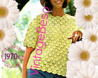 Summer Top Crochet Pattern • Top PATTERN • Ladies Shell Crochet Pattern • Short Sleeve • Pullover • Vintage 1970s Top • Watermarked PDF Only