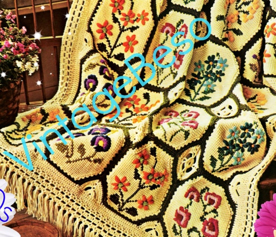 Afghan Crochet Pattern • Vintage 1970s Country Garden Afghan • Simple Afghan Stitch • Embroidery Flowers Crewel • Watermarked PDF Only