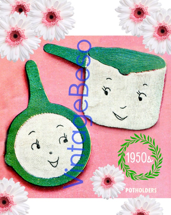 Potholder CROCHET Pattern •  Vintage 1950s Anthropomorphic Pot and Pan Potholders • Crochet Kitchen Decor • Watermarked PDF Only