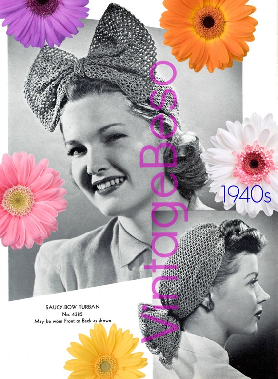 Snood Crochet Pattern 1940s Saucy Bow Crochet Pattern • Watermarked PDF Only • Turban Crochet Pattern Hairnet WWII Rosie the Riveter