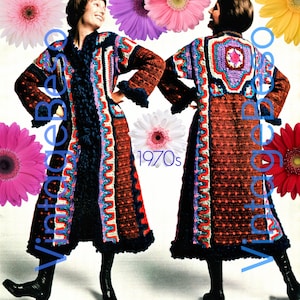 May include: A vintage crochet coat with a colorful geometric pattern and a fringed hem. The coat is shown on a model wearing black boots. The image includes the text "1970s" and "vintage beso".