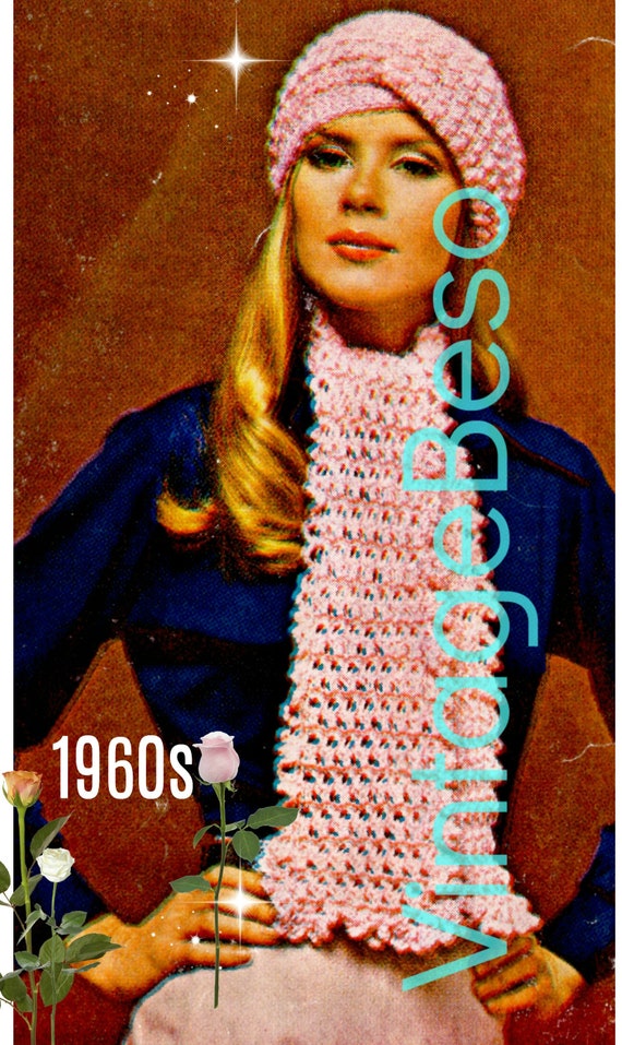 Turban + Scarf Crochet Pattern • 1960s Scarf and Beret • Retro Turban Style Cap Hat Beret • Vintage Crochet Pattern • Watermarked PDF Only