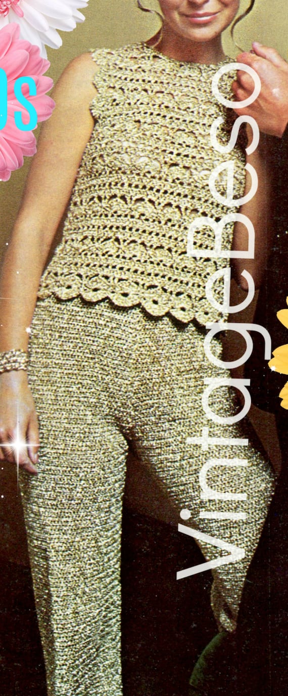 Vintage 1970s Crochet Sexy Gold Top Crochet Pattern Shorts Pants Trousers Sleeveless Petal Blouse Vintage Beso • Watermarked PDF Only