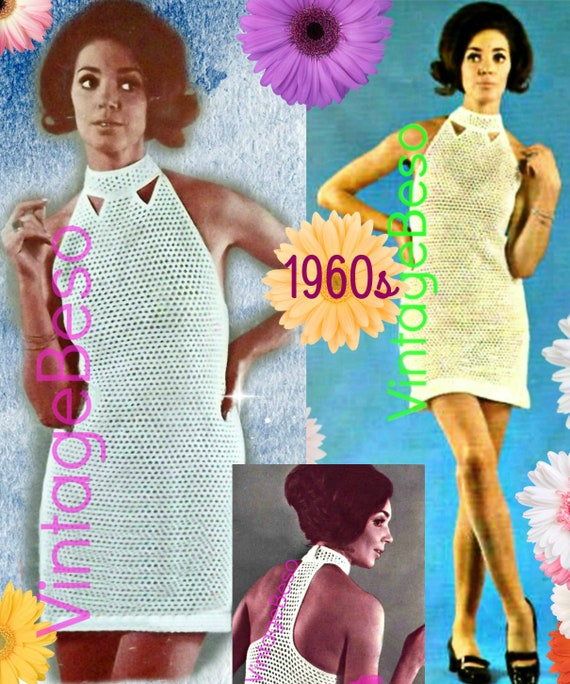 Sexy Dress Crochet PATTERN • Vintage Racerback Mini Dress with Collar Cut-Outs • 1960s • Mod Dress • Bust 34 36 • Watermarked PDF Pattern