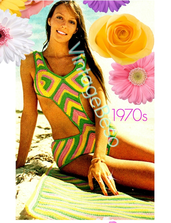 Two (2) Crochet Patterns: Monokini Bikini Crochet Pattern + Mat/Lapaghan Crochet Pattern • Vintage 70s Blanket • Watermarked PDF Only