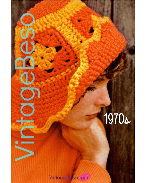 EASY Hat Crochet Pattern 1970s • Beach Hat • Granny Square Floppy Hat Brimmed Cap Quick Sunhat Greta Garbo • Watermarked PDF Only