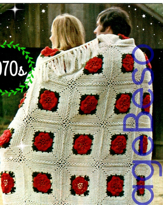 Red Roses Afghan Crochet PATTERN • 1970s Crochet Pattern • Rose • Vintage Granny Square style with Jumbo Rose • Watermarked PDF Only