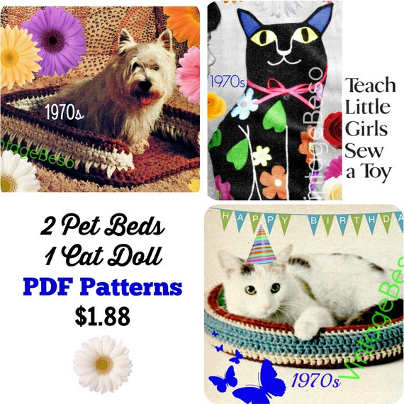 3 EASY Patterns: 2 crochet + 1 sew • Cat Bed Crochet Pattern • Vintage 1970s • Pet Bed • Dog Bed Puppy Kitten pillow • Watermarked PDF Only