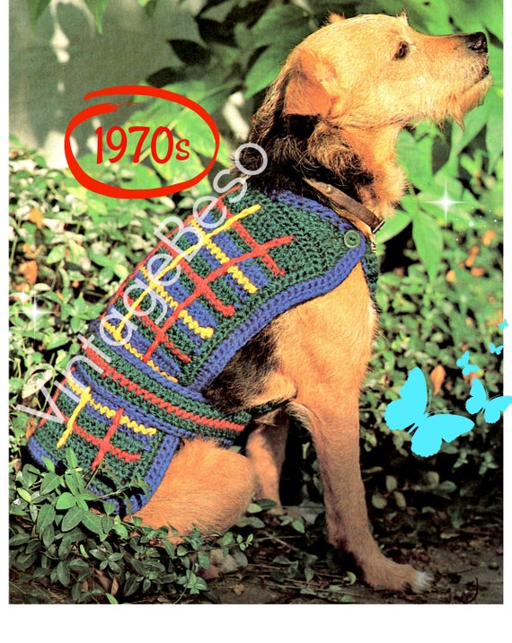 Dog Coat Crochet Pattern • Vintage 1970s Plaid Dog Jacket Pattern • Dog Sweater Crochet Pattern VintageBeso • Watermarked PDF Only