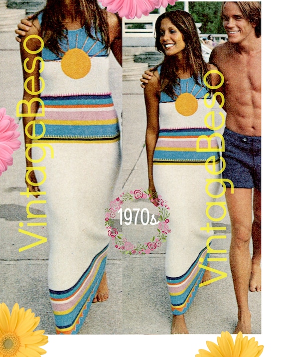 Egyptian Maxi Dress KNITTING Pattern • Retro 1970s • Ladies Summer • Vintage Beso • Watermarked PDF Only • Applique Embroidery • Coverup