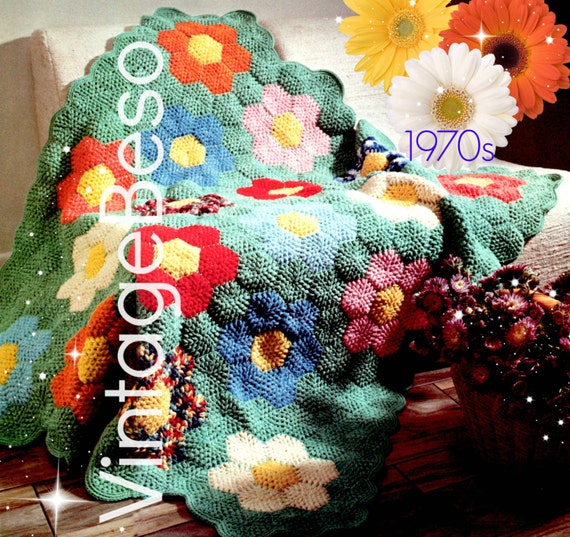 Afghan Crochet PATTERN • Create Your Very Own Bouquet •  Vintage 1970s Afghan Grandmas Flower Garden Home Decor Boho • Watermarked PDF Only