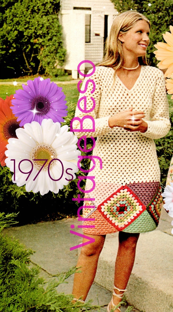 Dress CROCHET Pattern • 1970s Granny Square Dress • Vintage Crochet Pattern • Retro Ladies Dress Pattern • Watermarked PDF Only