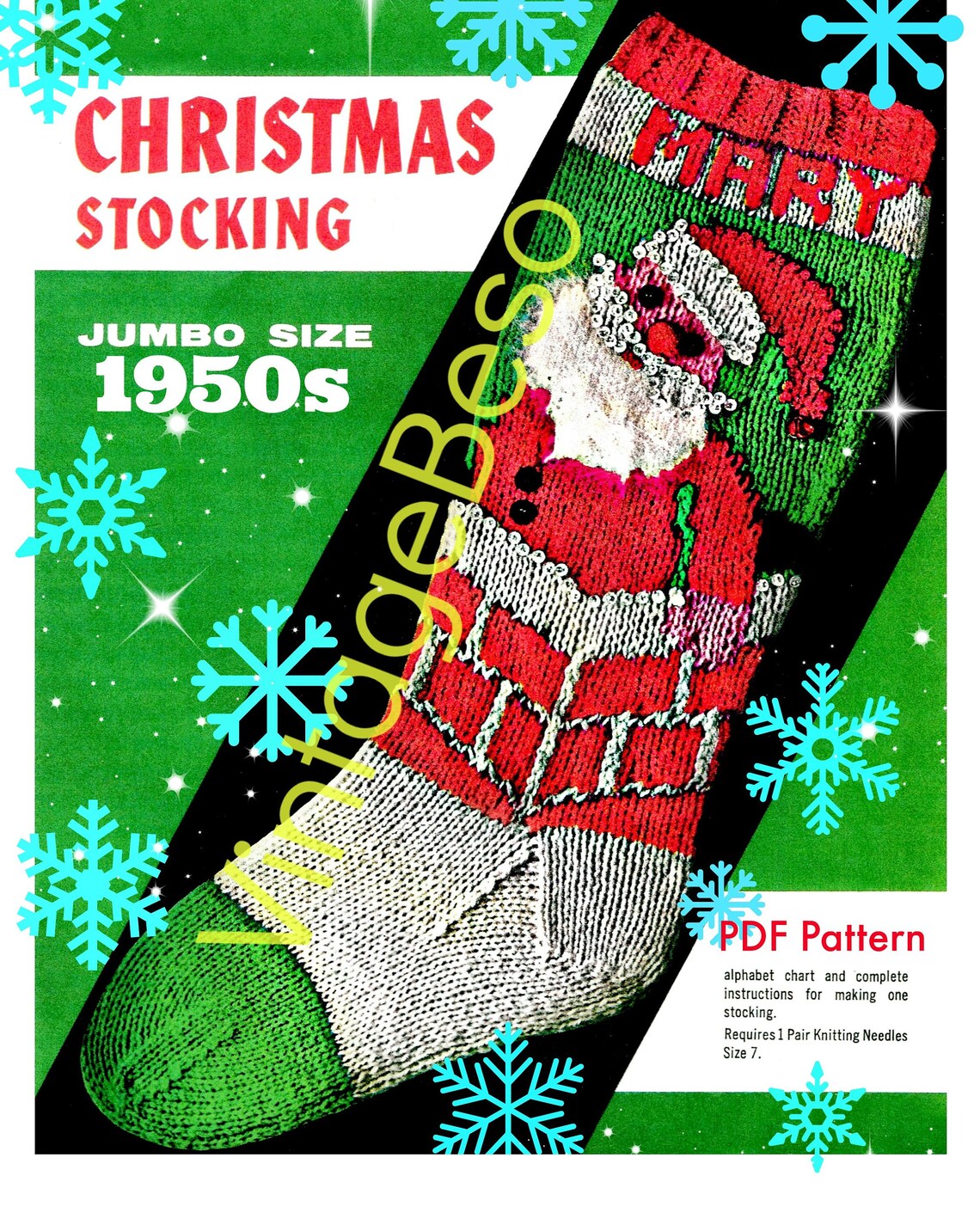 Vintage 1950s Christmas Stocking Knitting Pattern • Santa in Chimney ...
