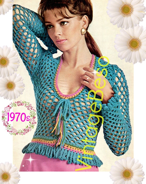 EASY to MAKE Blouse Crochet Pattern • Slim Sleeves • 1970s Lace Up Peekaboo Blouse Pattern • Sweater • Top • Ruffle • Watermarked PDF Only