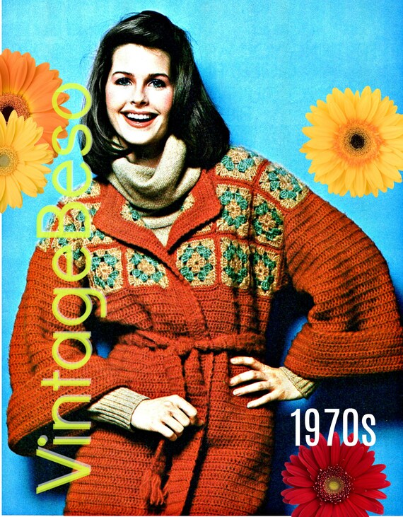 Kimono Crochet Pattern • Retro 1970s • Vintage Coat Crochet Pattern • Granny Squares Jacket • Vintage Wrap • Watermarked PDF Only