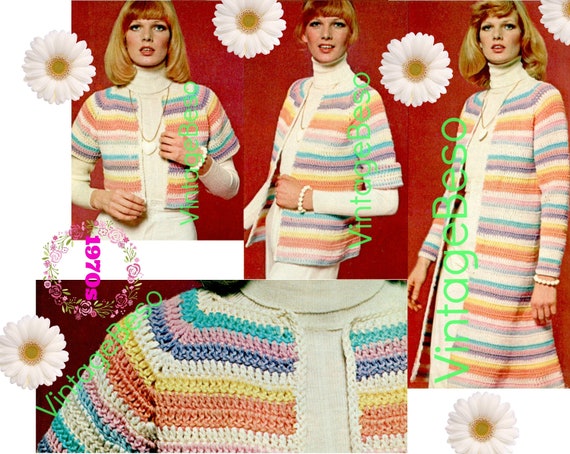 EASY Grow A Sweater Crochet Pattern • Vintage 1970s • Sweater • Bolero • Cardigan • Jacket • Stripes • Clothing • Watermarked PDF Only