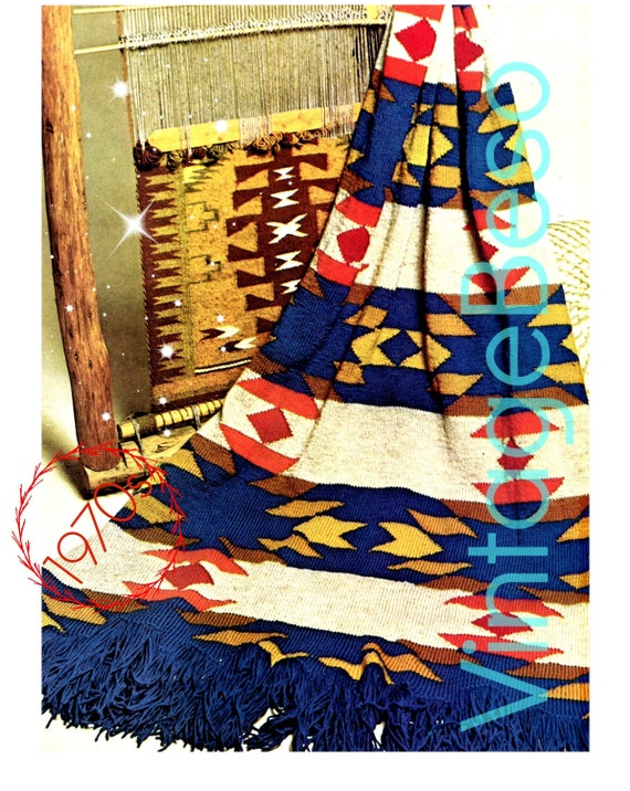 Navajo Afghan Knitting Pattern • Vintage 1970s Navajo Blanket • American Indigenous Indian Afghan • Vintage Beso • Watermarked PDF Only