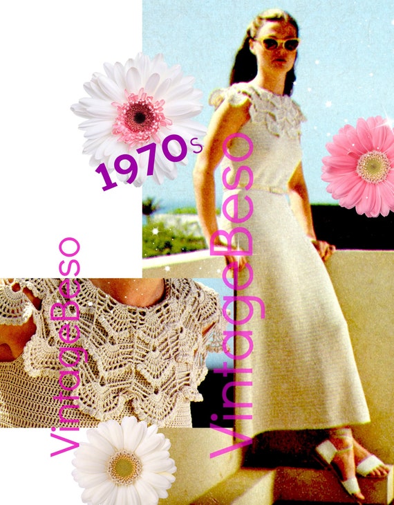 Dress Crochet Pattern • Vintage 1970s Fancy Collaret Summer Dress Sleeveless • Vintage Beso • Watermarked PDF Only