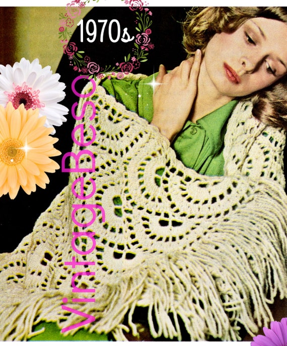 Shawl CROCHET Pattern • Watermarked PDF Only • Feminine Scallop Shawl • Boho Lovely • 1970s • Touch of Class • Simple chain stitch + dc