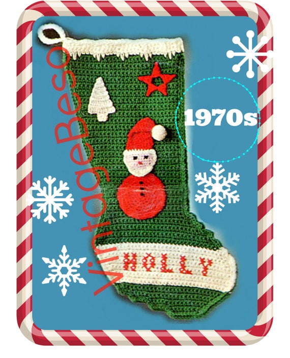 CROCHET Stocking Pattern • Santa Xmas Tree Star Applique • 1970s Vintage Christmas • Watermarked PDF Only