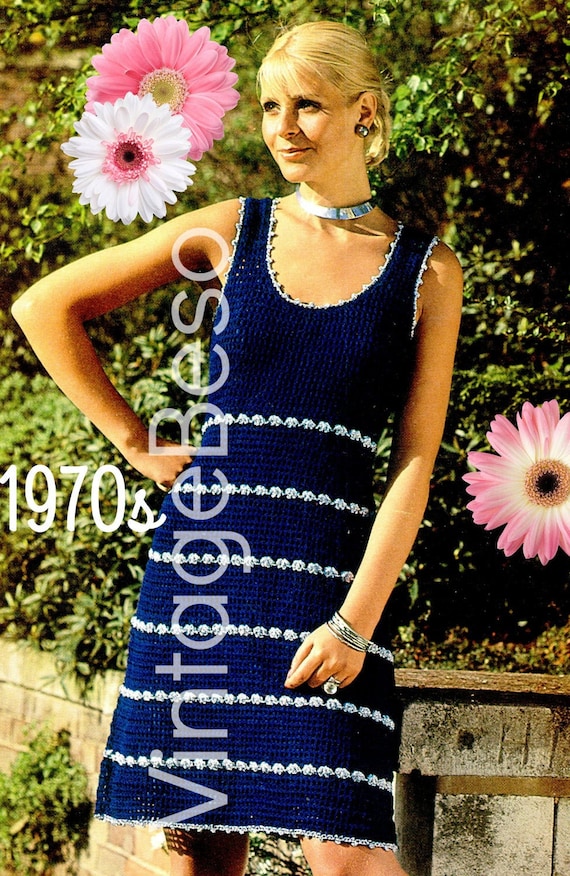 Dress Crochet Pattern • 1970s Sleeveless Stripe Dress •  Retro Sexy • MOD • Summer Crochet • Vintage Beso • Watermarked PDF Only