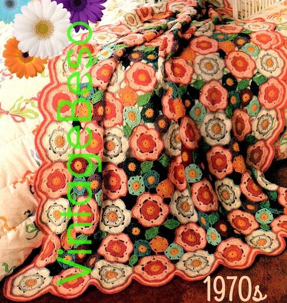 EASY Afghan Crochet Pattern • Vintage 1970s FLOWER Crochet Pattern • Flower Garden Crochet Bohomian Home Decor • Watermarked PDF Only