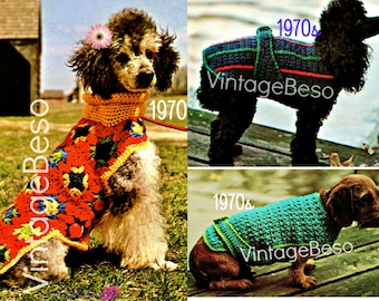 Get ALL 3! • EASY • Dog Sweater Crochet Pattern • Dog Jacket • Dog Coat • Dog Sweater • Vintage 70s Patterns Striped • Watermarked PDF Only