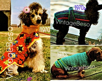 May include: Three vintage dog sweaters from the 1970s. The sweaters are crocheted in different colors and patterns. The text "VintageBeso" is printed on each sweater.