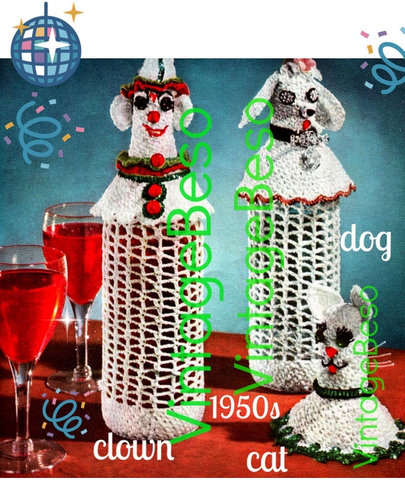 3 LIQUOR Bottle Covesr CROCHET Pattern + Free Cigarette Case • Watermarked PDF Only • 50s Hostess Gift • Mad Men Era Clown Dog Cat Cigs Case