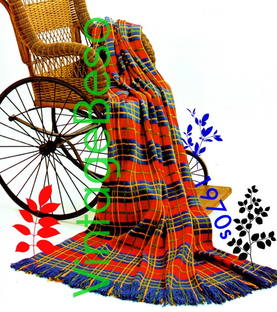 Classic Plaid Afghan KNITTING Pattern • Vintage 1970s Forte Plaid Knitting Pattern • Fringe • Watermarked PDF Pattern