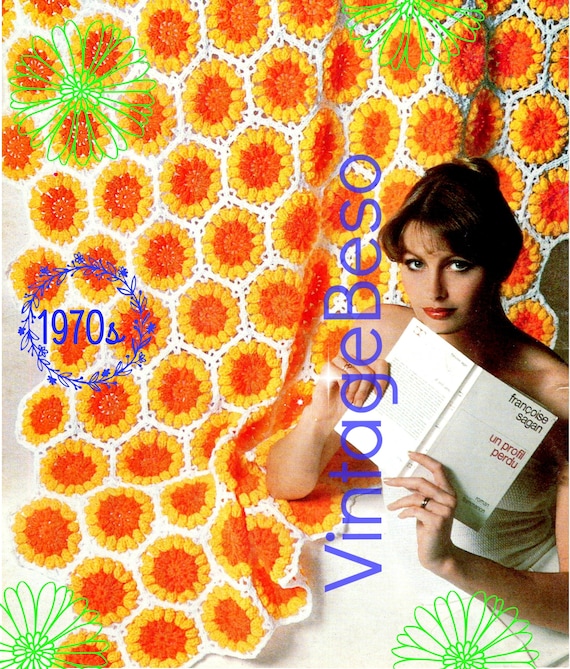 Easy Jumbo Flower Afghan CROCHET Pattern • Granny Square Style Motif • Vintage 70s Boho Home Decor • Blanket Cover • Watermarked PDF Only