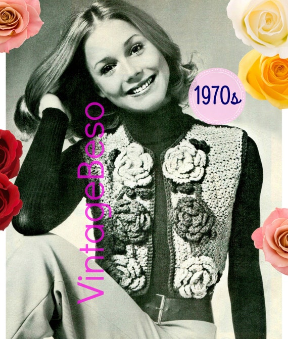 Roses Bolero Crochet Pattern • Vintage 70s Vest Crochet Pattern • Flower Edged Crocheted Bolero • Small Medium Large • Watermarked PDF Only